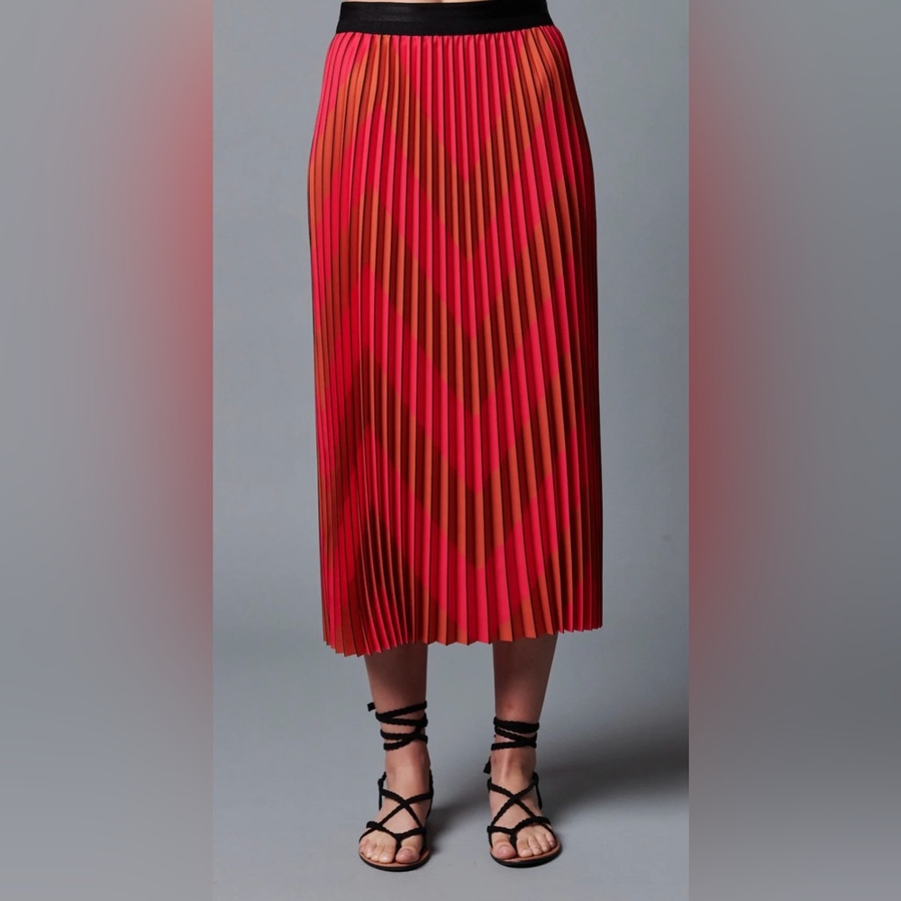 Le Superbe Chevron Pleated Skirt in  tonal zig zag pink/red print.Elastic waist.